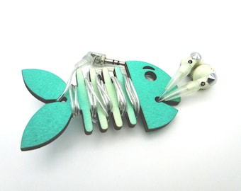 Auriculares de pescado, auriculares de madera, cable enrollable para auriculares, envolturas de cable, auriculares, organizador de escritorio, hecho a mano