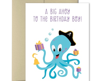 Boy Birthday card - Kids birthday cards - Cute Cards - Birthday for boy - Pirate Birthday - Octopus Card - Pirate Birthday - Animal Birthday