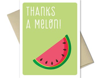 Funny Thank you Card - Thank You Cards - Thank you notes - Punny Cards - Food cards - Thank you card set - Thanks A Melon - Thanks Card