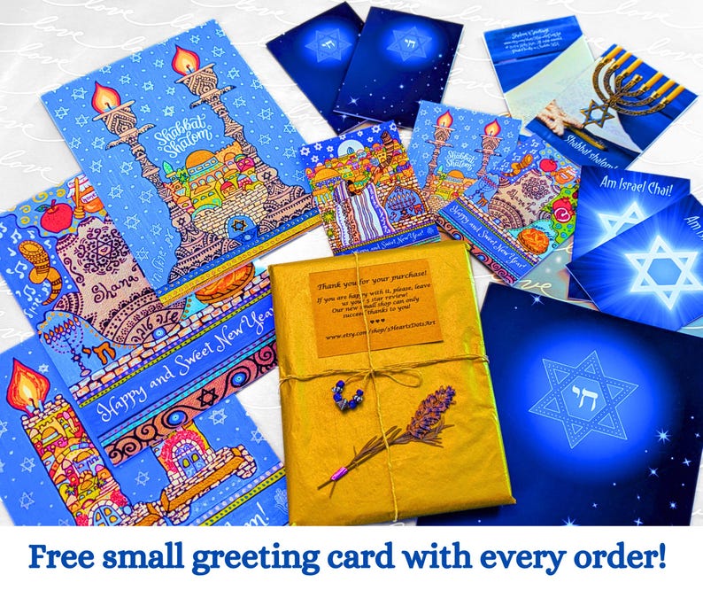 May include: A collection of greeting cards with Jewish themes. The cards feature illustrations of a menorah, a Star of David, and a Shabbat Shalom greeting. The cards are blue, gold, and white. The text on the cards reads "Shabbat Shalom", "Am Israel Chai!" and "Happy and Sweet New Year".