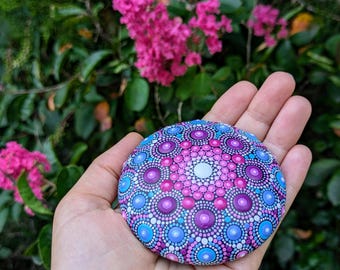 Mandala Stone Art: Pink & Blue Dot Painting, Boho Home Decor