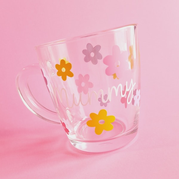 Personalised Coffee Mug, Glass Coffee Cup, Personalised Tea Mug, Gift for Her, Flower Name Cup, Cute Mug