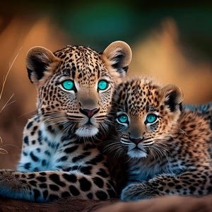 Leopard Mother and Cub Art Print: Green Eyes, Wild Cat Wall Decor