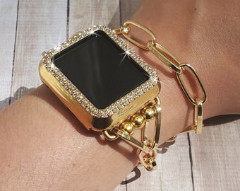 Gold Link Apple Watch Chain Bracelet Unique Handmade Watch Bracelet for iWatch 9 8 7 SE 6 5 Apple Watch 38 40 41 42 44 45 49 mm Luxury Gift