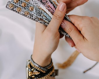 Boho Hippie Apple Watch Band 10 9 8 7 SE 6 5 4 3 Unisex Snakeskin Leather Apple Watch Bracelet Band iWatch Wrap Strap 38 40 41 42 44 45 49mm