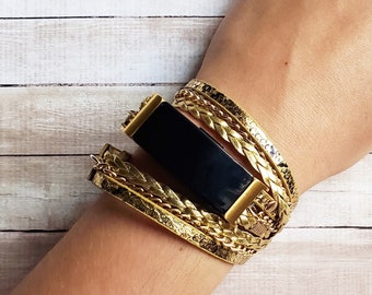 Gold Braided Fitbit LUXE Band: Vegan Leather Animal Print Bracelet