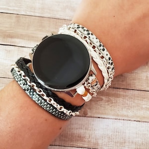 Boho Hippie Samsung Galaxy Watch 6 5 4 3 2 Band 40 42 44 46mm Watch3 41MM White Black Snake Skin Print Silver Chain Galaxy Watch Bracelet