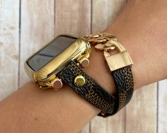 Mix Leder Gold Kette Apple Watch Armband 38 40 41 42 44 45 49mm Unisex Handmade Armband für iWatch 987654 SE Apple iWatch Armband