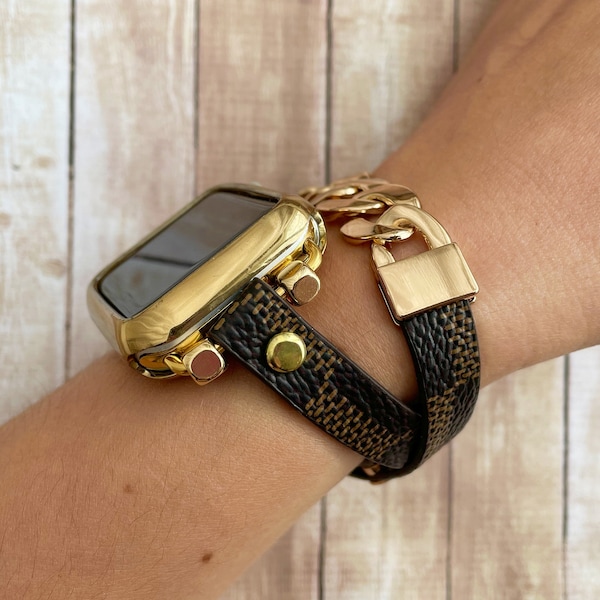 Mixed Leather Gold Chain Apple Watch Bracelet 38 40 41 42 44 45 46 49mm Unisex Handmade Wristband for iWatch 10 9 8 7 SE Ultra iWatch Strap