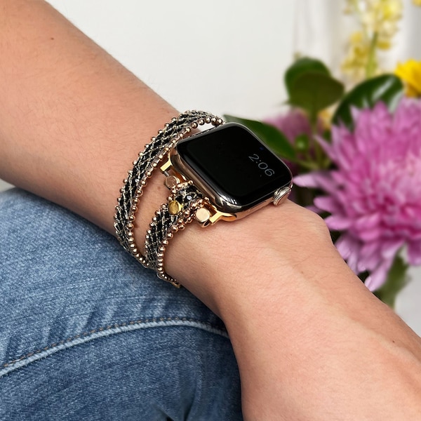 Bracelet Apple Watch 9, bracelet Apple Watch 8, bracelet grain noir pour Apple Watch 7, bracelet wrap iWatch, Apple Watch 38 40 41 42 44 45 49