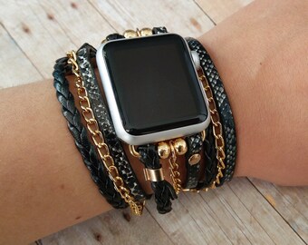 Czarny pasek ze skóry węża do zegarka Apple Watch: Bransoleta z podwójnym łańcuszkiem w stylu boho