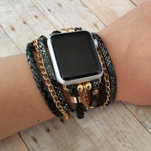 Black Leather Apple Watch Band Stars Strap Unisex Bracelet 