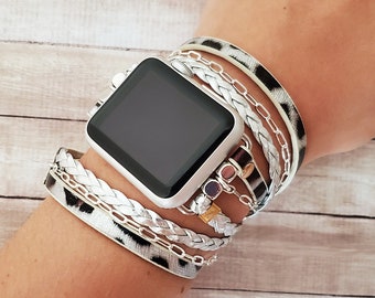 Cinturino Apple Watch a strati con stampa leopardata alla moda con catena d'argento per Apple Watch 38 40 41 42 44 45 49 Cinturino cinturino iWatch 87654321 SE