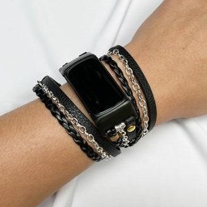 Boho Chic Charge 5 Band Black White Leather Wrap Strap for Charge 5 6 Unisex Silver Chain Bracelet Perfect Gift Fitbit Wristband Strap