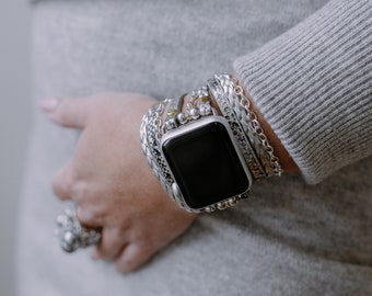 Boho Hippie Apple Watch Band 9 8 7 SE 6 5 4 3 Silver Chain Armband Snake Skin Wrap Bracelet for iWatch 38 40 41 42 44 45 49mm, Chic Gift