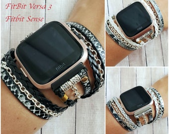 Fitbit Versa 3 Fitbit Sense Band Boho Chic Snake Print Vegan Leather Wrap Strap for Versa 3 Fashion Silver Chain Fitbit Sense Bracelet Etsy