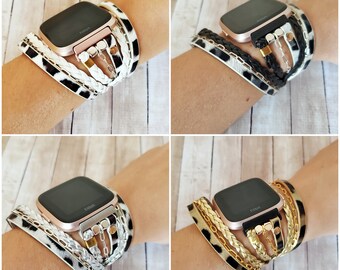 Fitbit Versa/Versa 2/ Versa Lite-band met luipaardprint: veganistische leren zilveren schakelarmband