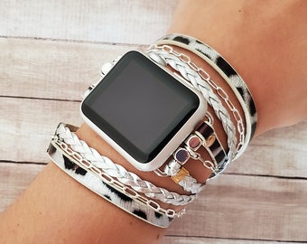 Leopard Silver Apple Watch Band 9 8 7 6 5 4  SE Ultra, Silver Boho Chic Apple Watch Bracelet fits iWatch 38 40 41 42 44 45 49mm Punk Strap