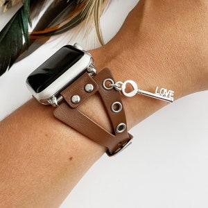 Hippie Apple Watch Band 10 9 8 7 SE 6 5 4 3 Riveted Brown Leather Apple Watch Bracelet, iWatch Strap Unisex Wristband, Gift