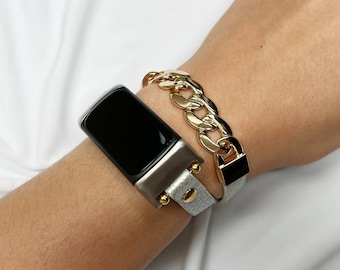Correa Fitbit de cuero con cadena dorada: correa unisex hecha a mano para Charge 5/6