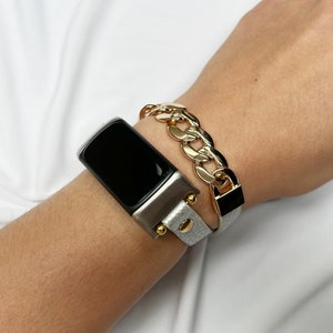 Leather Gold Chain Charge 6 5 Bracelet  Unisex Handmade Wristband for Charge 5 6 Fitbit Replacement Fashion Strap, Fitbit Jewelry