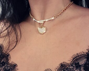 Unisex Gold Choker Necklace Fashion Sparkling Rhinestone Crystal Heart Charm Pendant Collar Necklace Love Gift Handmade Bling Collar