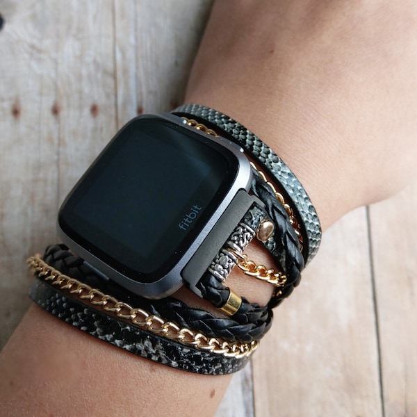 Boho Chic Fitbit Versa 2 Band Black Snake Print Versa Lite Strap Leather Chain Bracelet for Versa Dressy Wrap Strap Fitbit Versa Jewelry