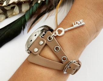 Handmade Riveted Leather Galaxy Watch Band: Boho Hippie Bracelet