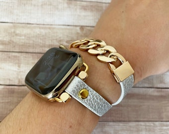 Silver Leather Wrap Apple Watch Band 9 8 7 6 5 4 3 SE Designer Watch Bracelet for Watch 38 40 41 42 44 45mm Gold Chain Link iWatch Bracelet