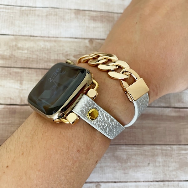Silber Leder Wrap Apple Watch Band 9 8 7 6 5 4 3 SE Designer Uhrenarmband für Uhr 38 40 41 42 44 45mm Gold Chain Link iWatch Armband