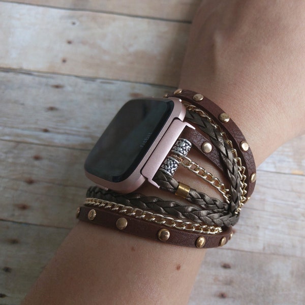 Fitbit Versa Band Brown Braided Leather Boho Chic Chain Bracelet Multi Wrap Riveted Strap Versa 2 Fashion Band Best Fitbit Versa Gift