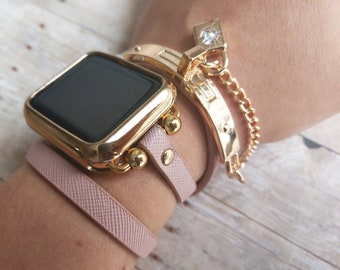 Blush Leather Apple Watch Bracelet Band  for iWatch 38 40 41 42 44 45 49mm iWatch Wrap Strap Gold Bangle for iWatch 9-1 SE Ultra Gift