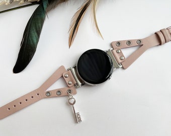 Samsung Galaxy Watch Band 6 5 4 2 Punk Hippie Pink Leather Galaxy Strap Silver Riveted Bracelet for Galaxy Active 3 41mm Best Gift