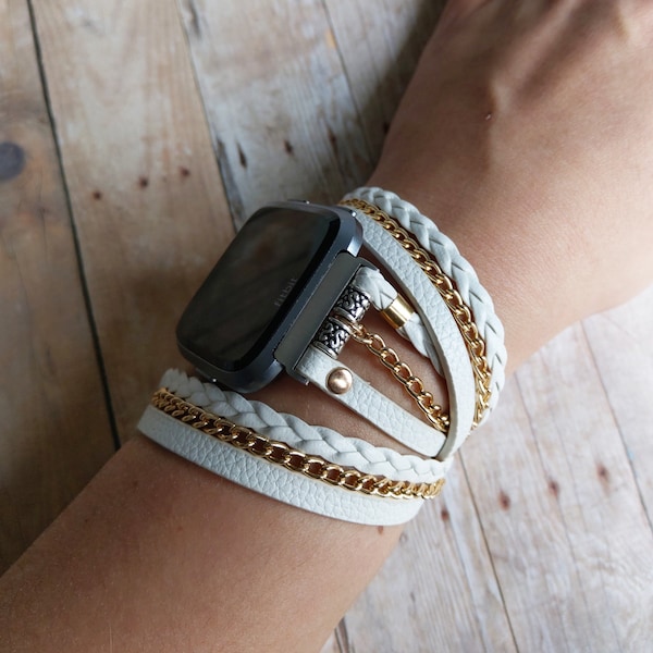 White Leather Fitbit Versa Watch Band Bohemian Chic Hippie Stylish Band Multi Wrap Chain Bracelet Braided Unisex Strap for Versa 2 Watch