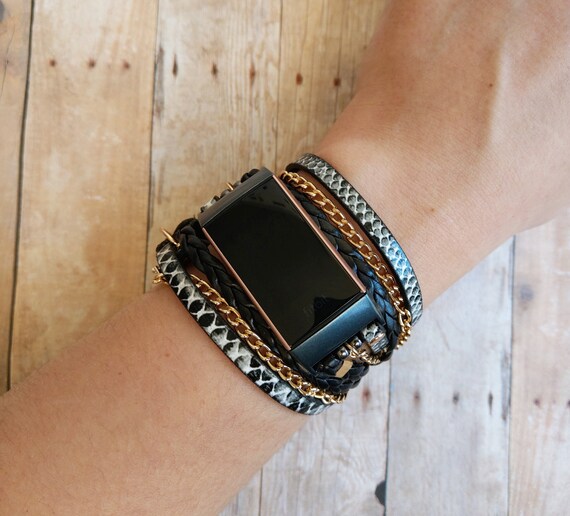 Black Snakeskin Fitbit Charge 3 Band Boho Chic Gold Chain Bracelet