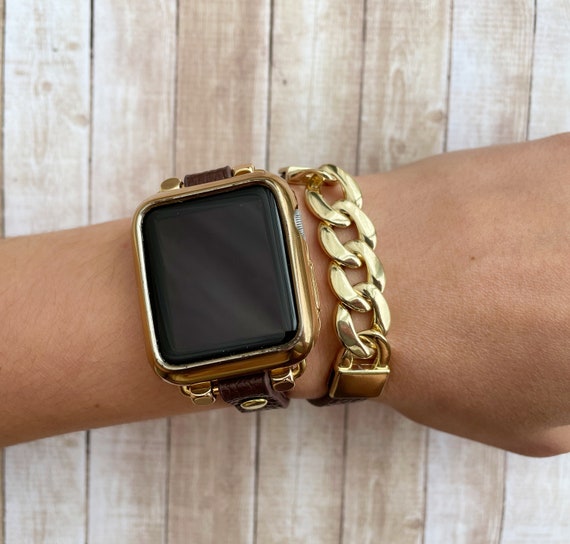 Gold Chain Link Bracelet Band for Apple Watch 38 40 41 42 44 45 Mm Handmade  Black Leather Wrap Bracelet for Iwatch 876543 SE Fashion Strap 