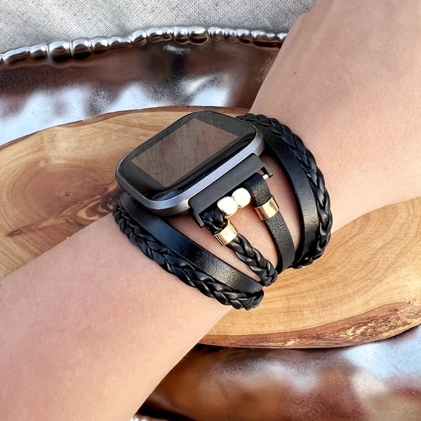 Watch Bracelet Band for Fitbit Versa 4 and Fitbit Sense 2, Custom Designed Fitbit Wristband, Fitbit Unisex Strap, Black Leather, Silver Gold