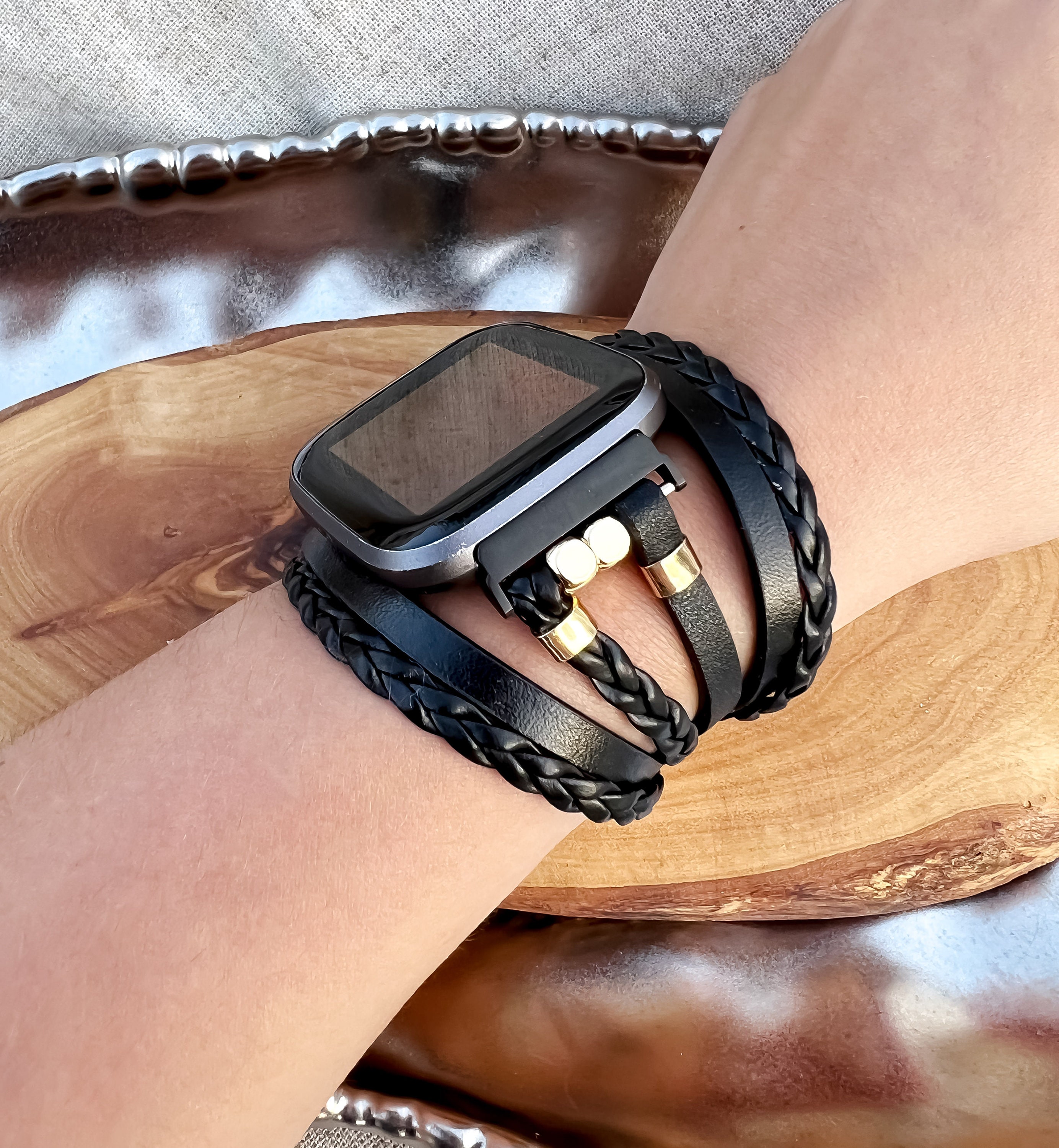 Banda de pulsera de reloj en capas negras para Fitbit Versa 4 y Fitbit Sense  2, pulsera Fitbit diseñada a medida, correa unisex Fitbit, regalo elegante  -  México