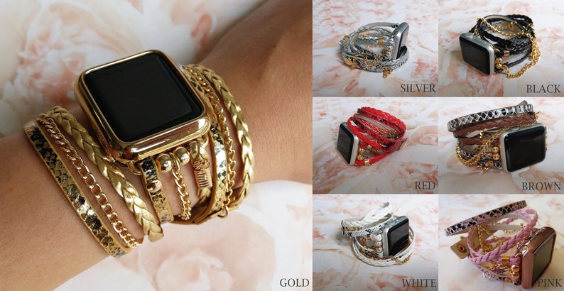 Boho Hippie Apple Watch Band 8 7 SE 6 5 4 3 Gold Silver Snakeskin Leather Apple Watch Bracelet iWatch Wrap Strap 38 40 41 42 44 45mm 