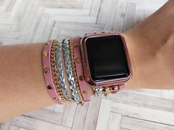 Rosa Rosa Cuero Apple Watch Band 38 40 42 44mm Multi Wrap | Etsy México