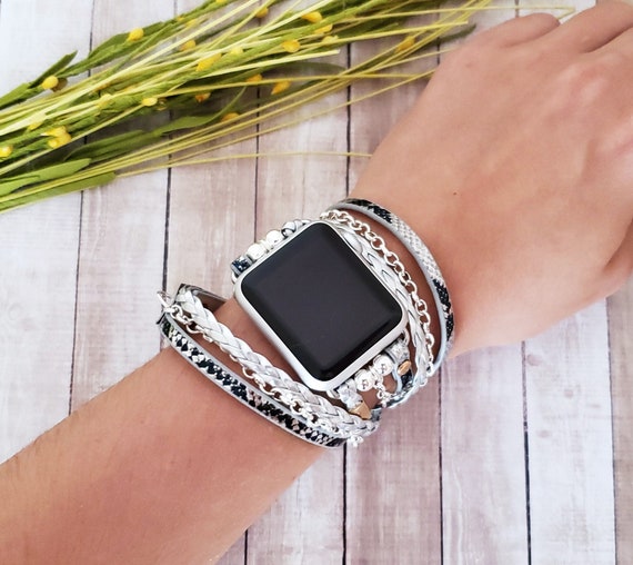 Boho Hippie Apple Watch Band 9 8 7 SE 6 5 4 3 Silver Chain Armband Snake  Skin Iwatch Band Wrap Bracelet for Iwatch 38 40 41 42 44 45 49mm 