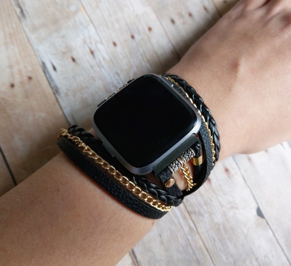 Unisex Fitbit Versa Band Black Vegan Leather Braided Strap Chain Bracelet for Versa 2 Watch Boho Chic Multi Wrap Strap Luxury Gift Etsy UK