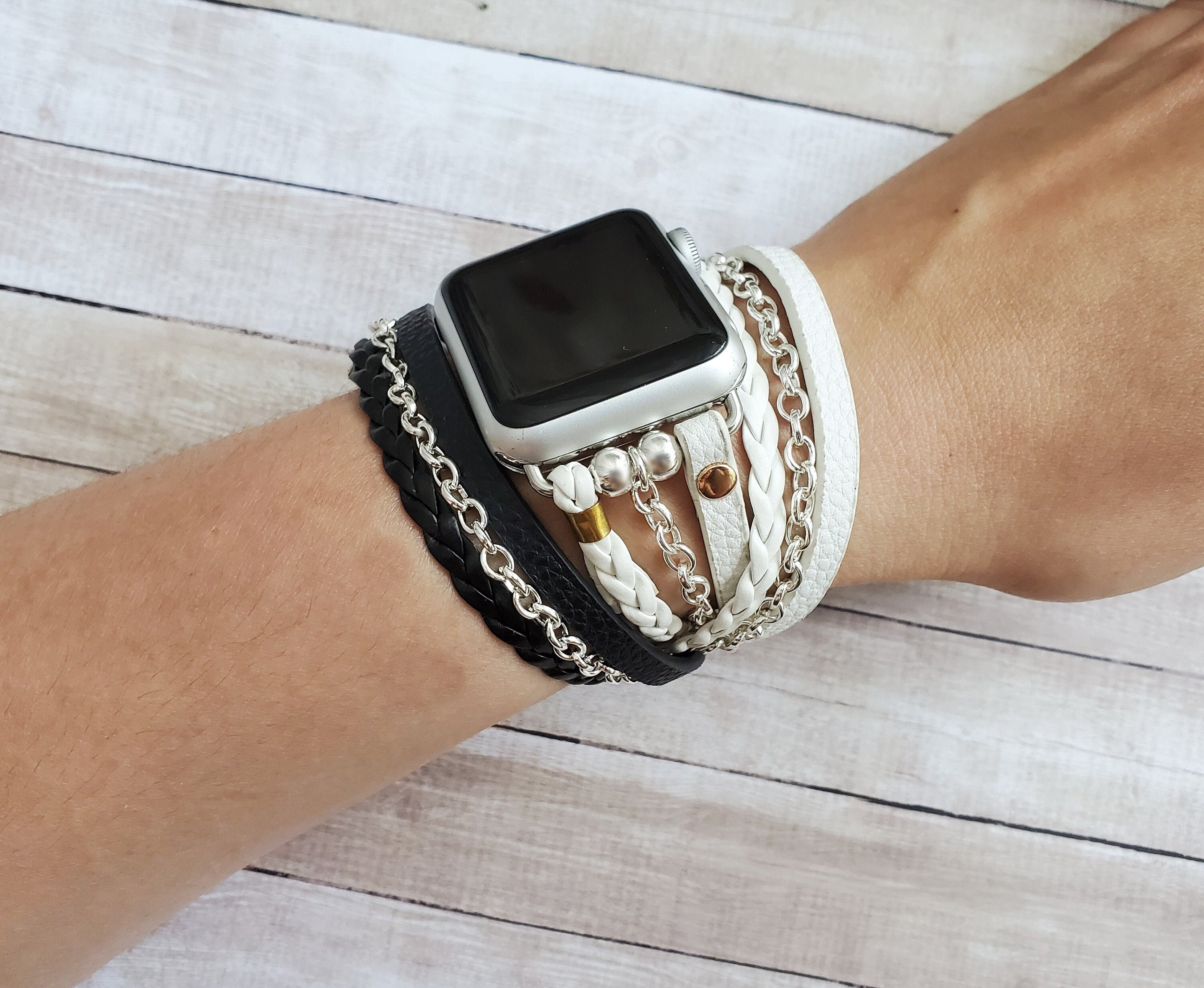 White Black Apple Watch Band 38 40 42 44mm Silver Chain Wrap | Etsy  Australia