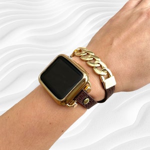 Chic Leather Apple Watch Band 38 40 41 42 44 45 49mm, Gold Chain Bracelet for iWatch 9-1 SE Ultra, Designer iWatch Wristband, Unique Gift