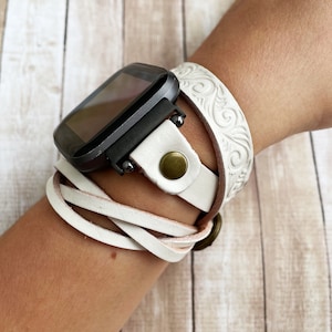 White Braided Wrap Watch Band for Fitbit Versa 4 Band Fitbit SENSE 2 ,Leather Strap Unisex Embossed Bracelet for Fitbit Watch, Unique Gift