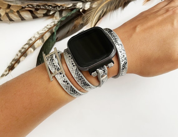 Fitbit Versa 3 Fitbit Sense Band Boho Chic Snake Skin Print Vegan Leather  Wrap Strap for Versa 3 Fashion Silver Gold Fitbit Sense Bracelet -   Norway