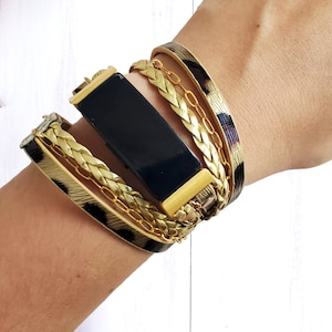 Leopard Fitbit Inspire 3 Band: Vegan Leather & Gold Chain Bracelet