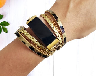 Leopard Fitbit Inspire 3 Band: Vegan Leather & Gold Chain Bracelet