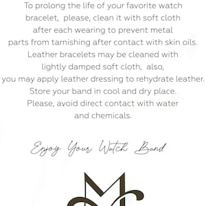 May include: A white background with black text that reads "Take care of your watch band." The text continues with instructions on how to care for a watch band, including cleaning and storage tips. The text ends with "Enjoy Your Watch Band" and a stylized letter "M" with a dot below it.