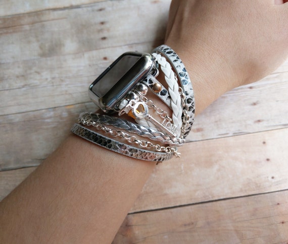 Silver White Boho Chic Apple Watch Band 38 40 41 42 44 45mm